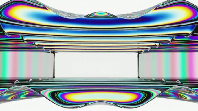 带彩色反射的抽象3d逼真玻璃波隧道。4k无缝循环动画素材。