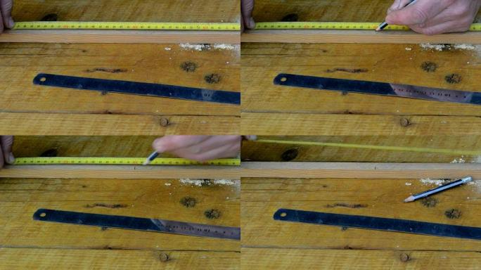 木匠用卷尺测量木条。