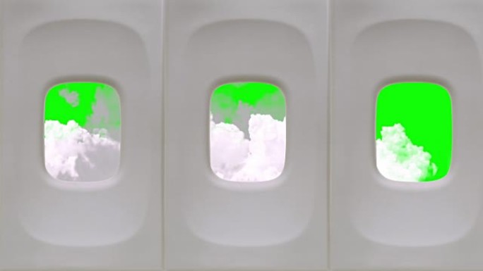从绿色屏幕背景上的飞机窗口看云彩