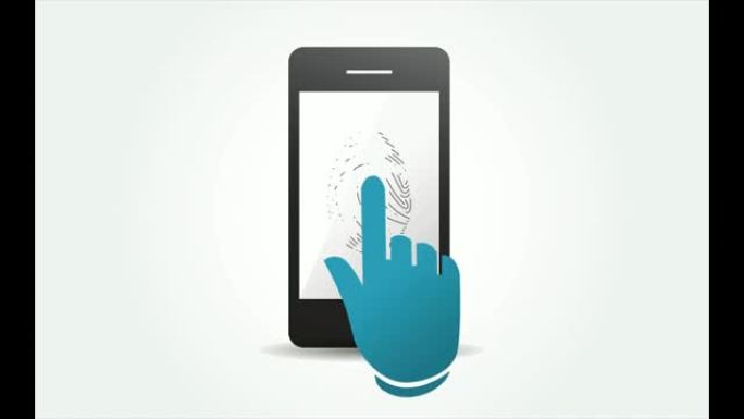 安全快速的互联网接入，带手指扫描的手机银行。智能手机上的应用程序，该男子将手指伸到扫描仪上。