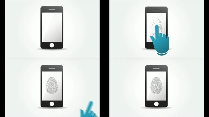 安全快速的互联网接入，带手指扫描的手机银行。智能手机上的应用程序，该男子将手指伸到扫描仪上。