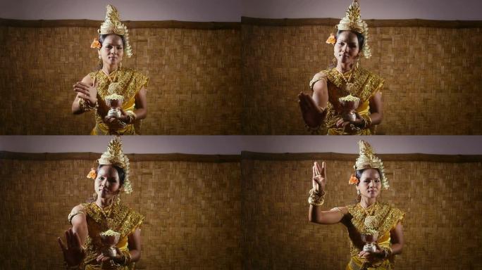 亚洲女舞者展示柬埔寨传统舞蹈，高棉艺术