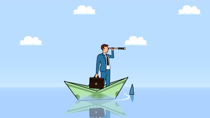 平面卡通商人角色，带箱包，透过漂浮在美元纸船动画上的鲨鱼附近的望远镜