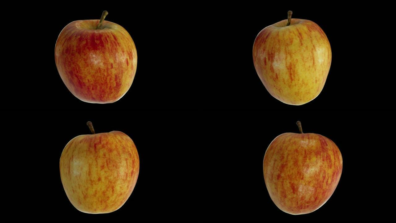 黑色背景上旋转的苹果的逼真的3D渲染。无缝循环