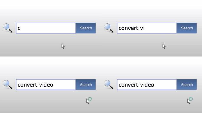转换视频-图形浏览器搜索查询，网页，用户输入搜索相关结果，计算机互联网技术。网页浏览打字字母，填写表