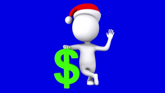 3d白人圣诞老人站在绿色美元标志。挥手问好。