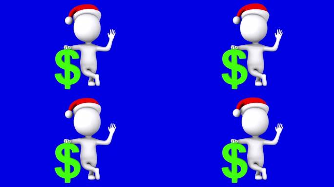 3d白人圣诞老人站在绿色美元标志。挥手问好。