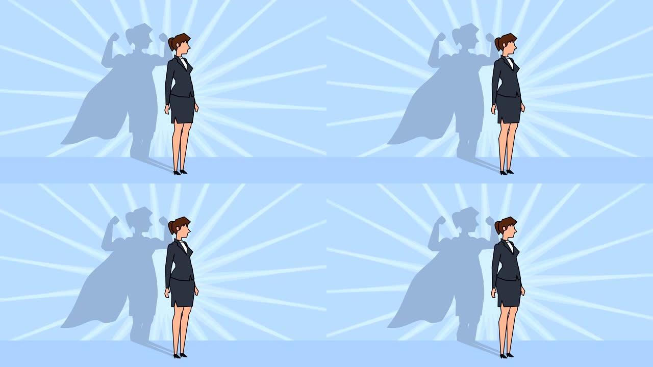 平面卡通女商人角色超级英雄与斗篷阴影概念动画