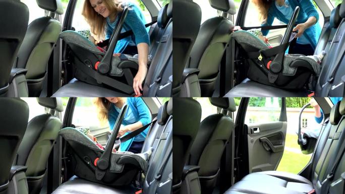 女人打开车门，解开安全带，带着安全座椅带走婴儿。4K