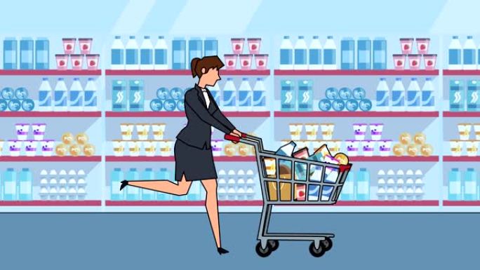 平面卡通女商人角色与购物车和商品动画一起运行
