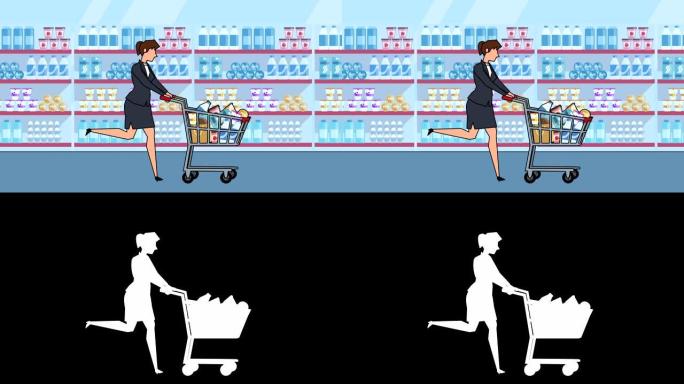 平面卡通女商人角色与购物车和商品动画一起运行