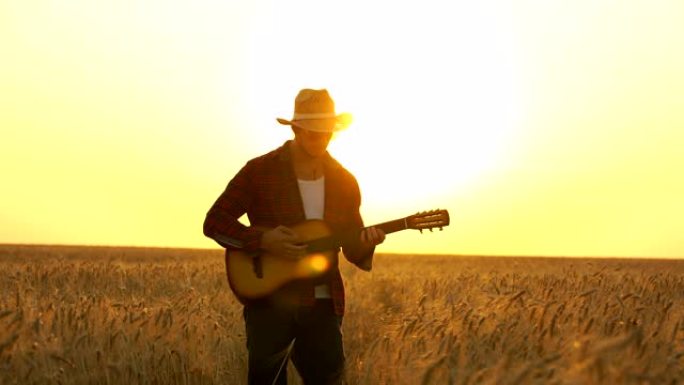 年轻的盖伊在夕阳的光芒中走过金色的麦田，弹吉他。