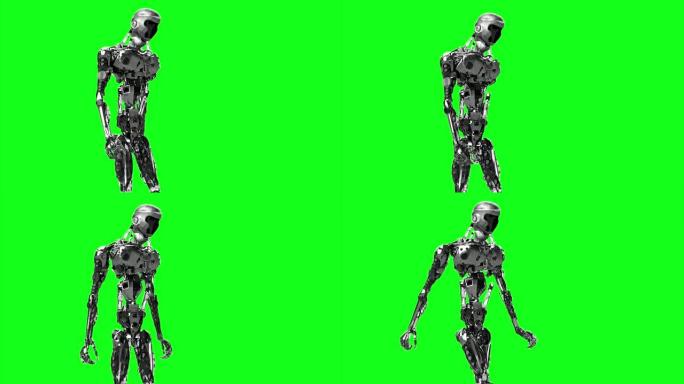 运行机器人，步行机器人在绿色背景上渲染3D