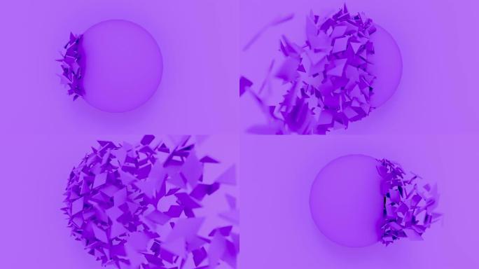 柔和背景上的抽象紫色球爆炸。3d形状几何计算机动画渲染。4k循环镜头。