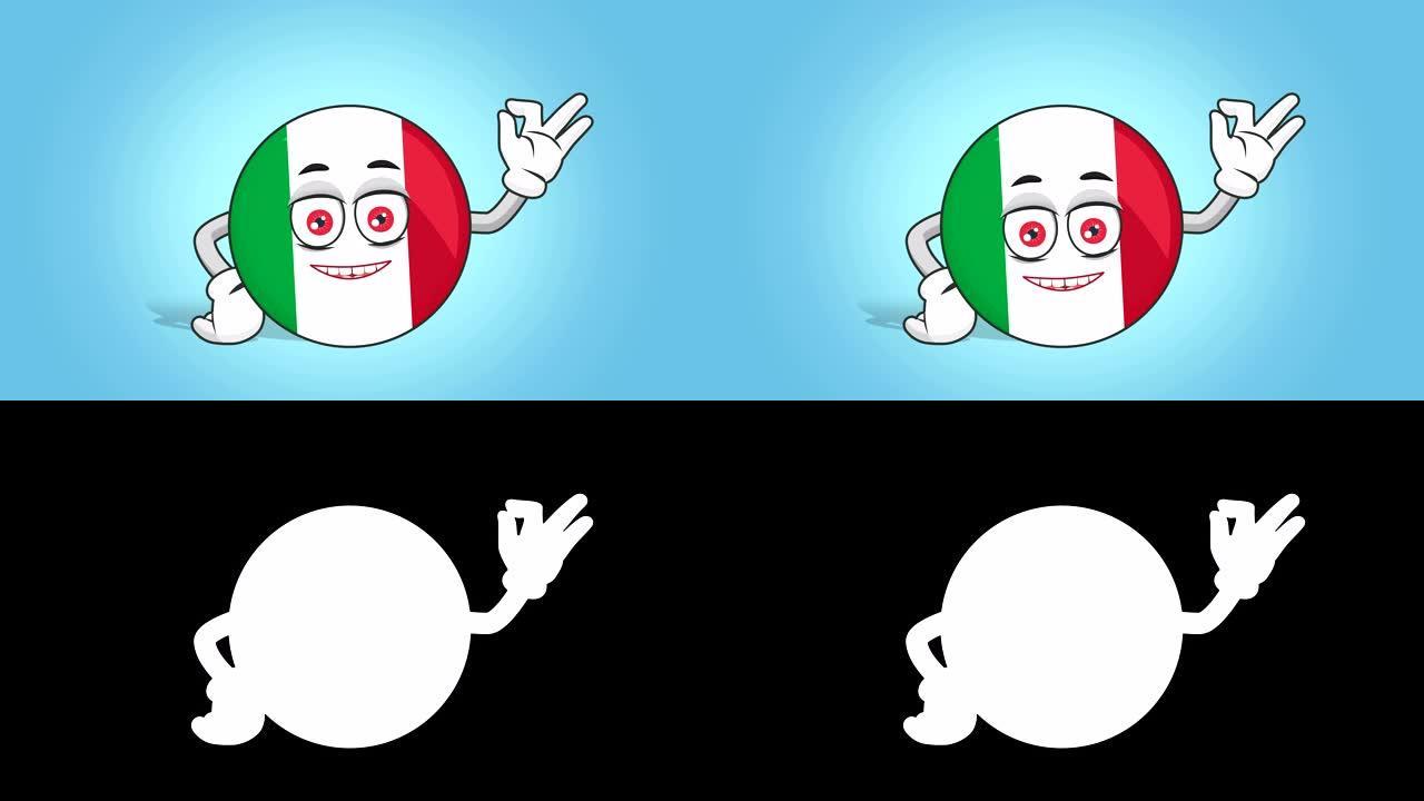 卡通图标旗意大利Ok手势与阿尔法哑光脸部动画
