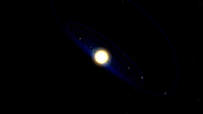 在这个类似于我们的太阳系的系外行星系统的动画中，有七个行星围绕着一颗类似太阳的恒星运行。