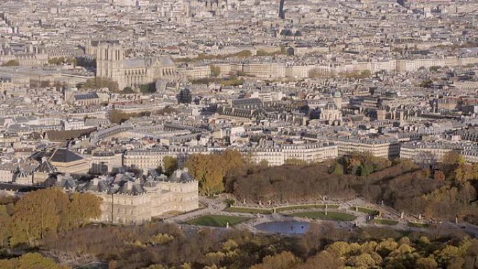法国巴黎-2014年11月20日: 卢森堡花园的空中拍摄。巴黎圣母院在后台。