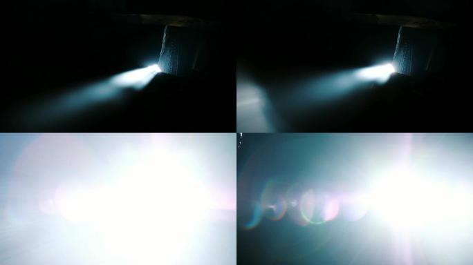 超自然明亮的光束充满屏幕，太阳光线透过裂缝，慢动作，相机移动