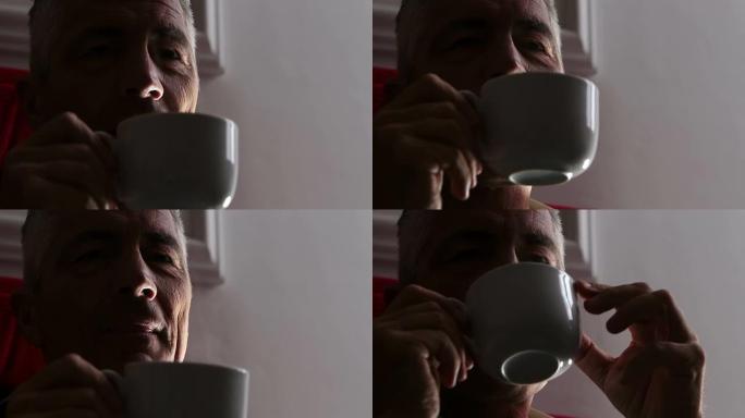 男人喝半光的热气饮料: 咖啡，茶，热，杯子，杯子，休息
