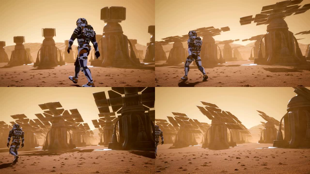 宇航员在经过巨大太阳能电池板的尘暴后到达火星表面。火星表面的全景景观。现实的电影动画。