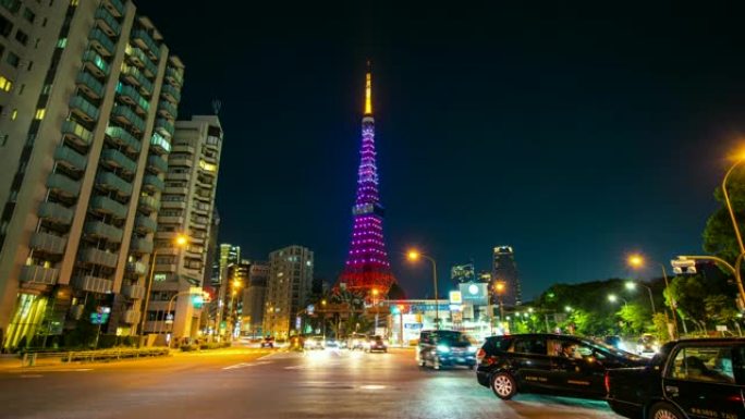 东京塔和夜间交通，延时视频
