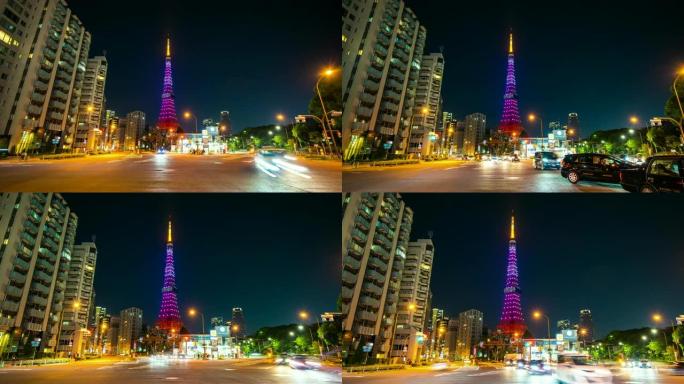 东京塔和夜间交通，延时视频