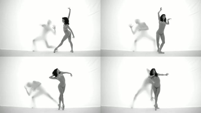 跳舞的芭蕾舞演员在白色窗帘前
白色窗帘后面的跳舞人