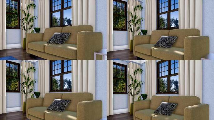 现代客厅室内3D动画中的沙发特写