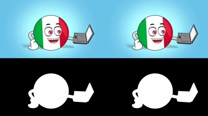 卡通图标旗意大利工作在笔记本电脑与阿尔法哑光脸部动画