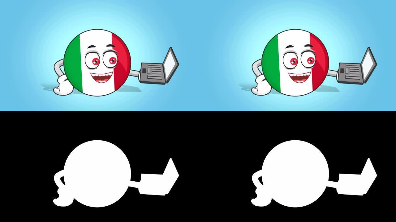 卡通图标旗意大利工作在笔记本电脑与阿尔法哑光脸部动画