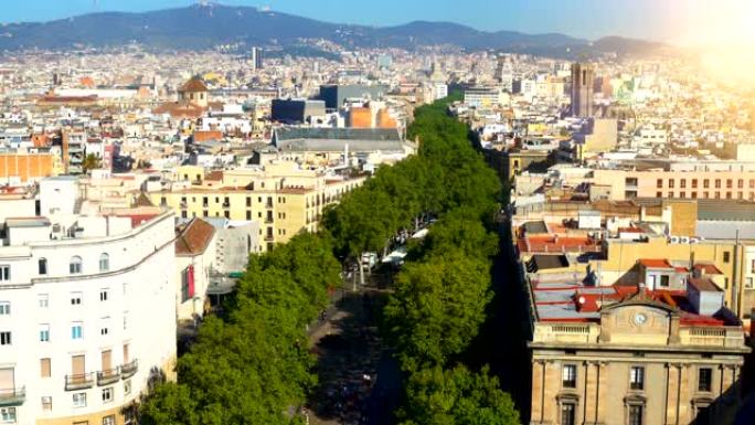 巴塞隆纳市中心名街La Rambla鸟瞰图