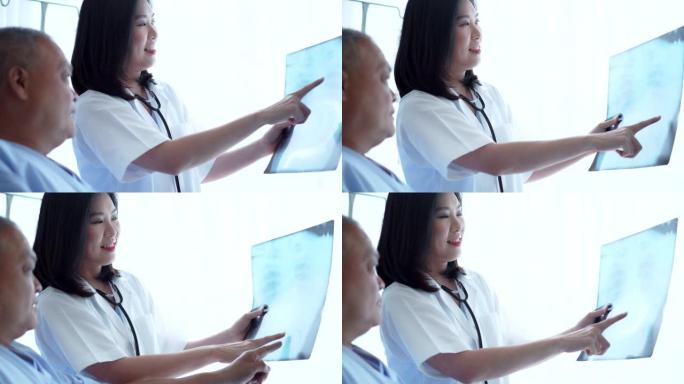女医生检查胶片x射线，并分析疾病对患者健康概念的进展。