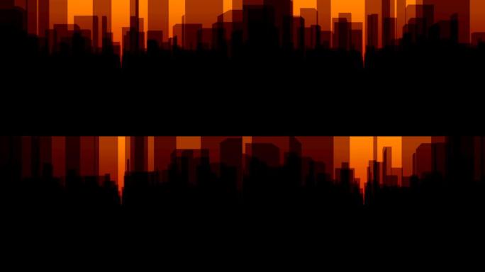 在4k中穿越橙色背景的黑暗虚拟城市