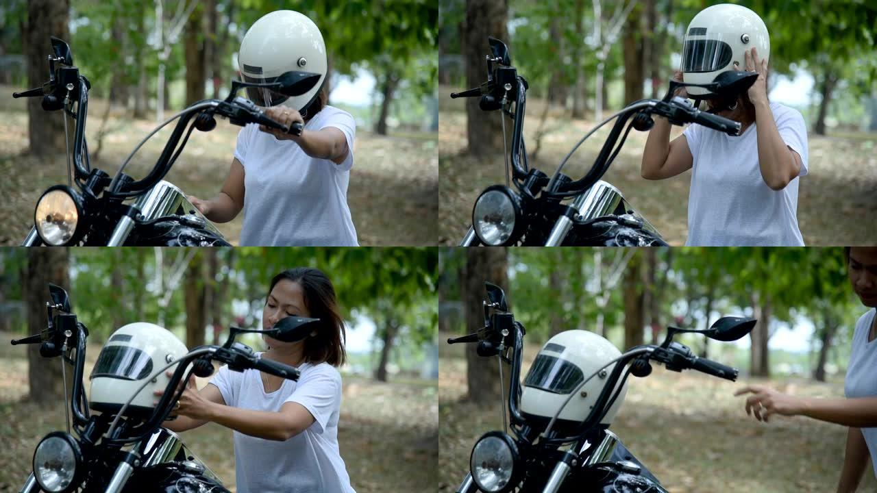 脱下摩托车头盔的女人。