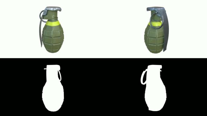 手炸弹碎片手榴弹绿色金属，上面有划痕和圆形别针。