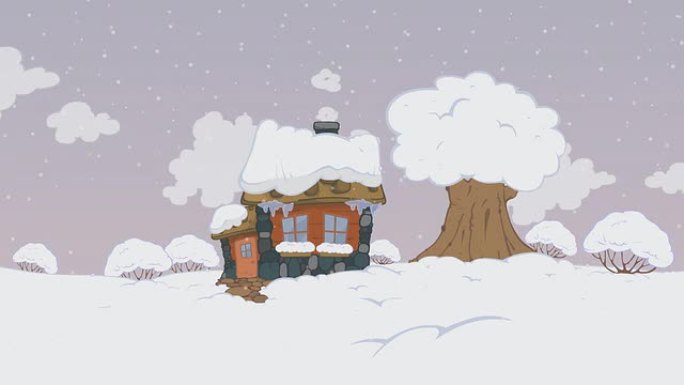 下雪。可温暖的房子迷失在雪中