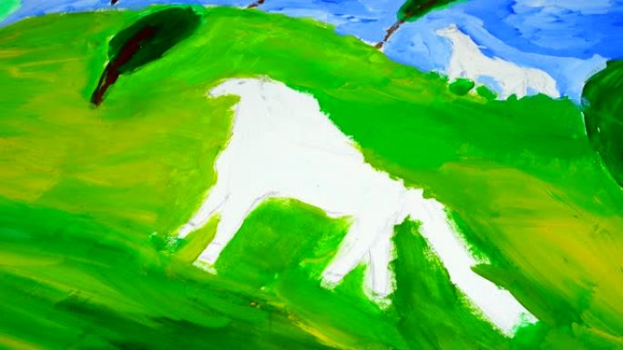 草地上白马的画。