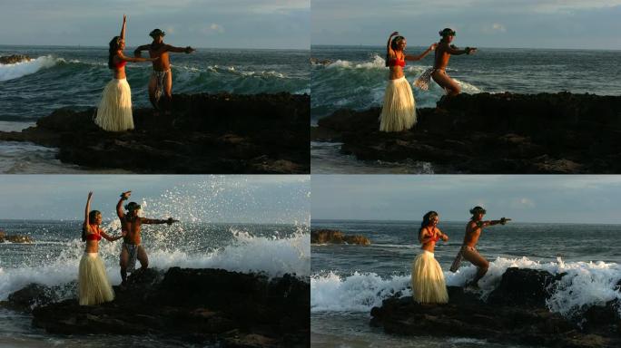 波利尼西亚舞者在海浪撞击岩石时表演