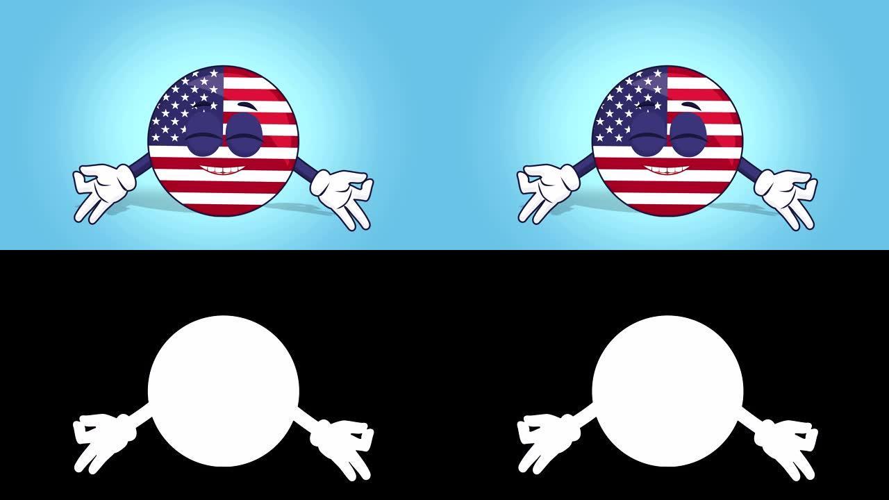 卡通美国图标美国国旗美国禅宗放松与脸部动画