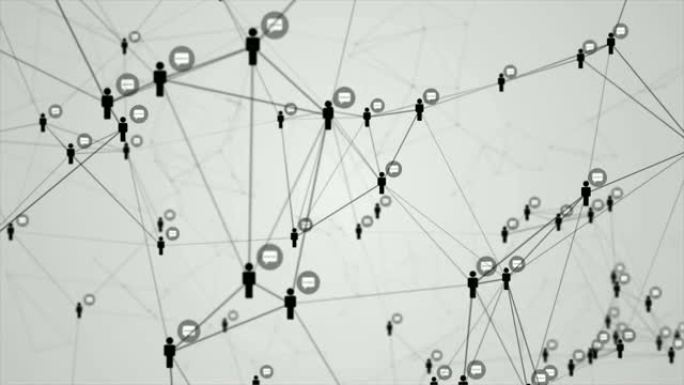 社交网络连接分子结构运动图形黑色白色背景。抽象未来数字技术动画概念。