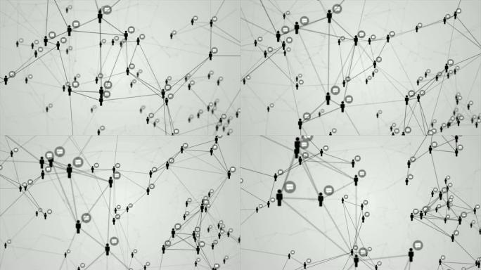 社交网络连接分子结构运动图形黑色白色背景。抽象未来数字技术动画概念。