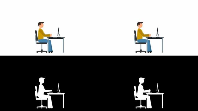 简笔画象形图男子在键盘上打字电脑工作人物平面动画