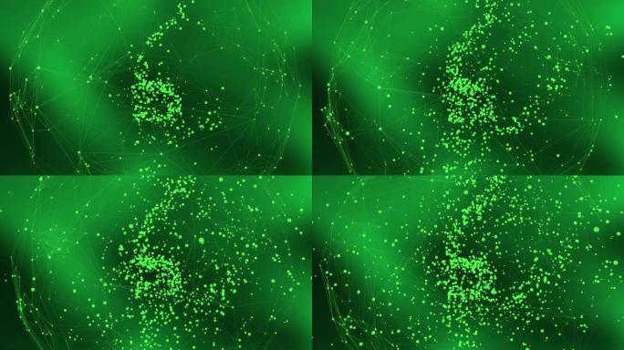 绿色背景与旋转神经丛和粒子诞生