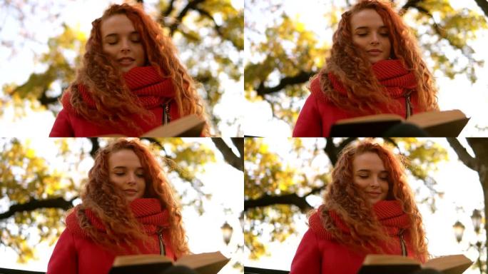 红色卷发的特写高兴的女人坐在长凳上，在公园看书。低角度的镜头。秋天的天空和模糊背景上的黄叶树