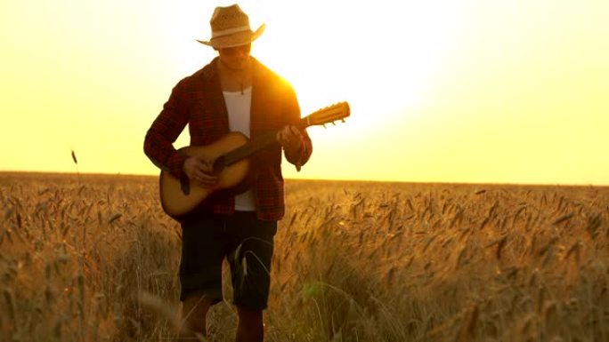 年轻的盖伊在夕阳的光芒中走过金色的麦田，弹吉他。