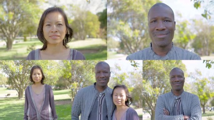 非洲裔美国男人和亚洲女人看着相机的拼贴画