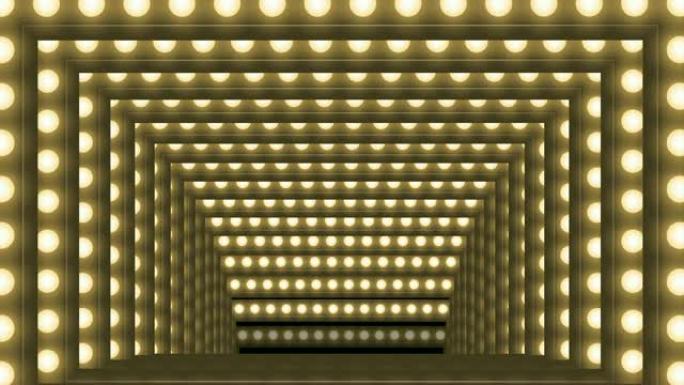 隧道白炽灯泡盒框架矩形形状移动图案，复古3D虚拟风格插图在黑暗背景中发光无缝循环动画4K，带复制空间