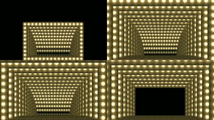 隧道白炽灯泡盒框架矩形形状移动图案，复古3D虚拟风格插图在黑暗背景中发光无缝循环动画4K，带复制空间