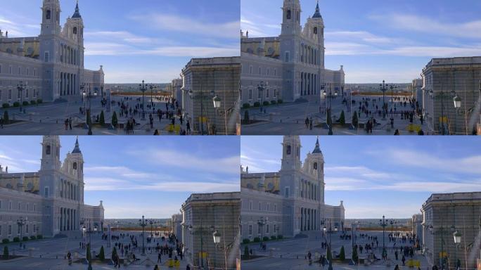 西班牙日时间马德里皇宫和阿尔穆德纳大教堂广场4k