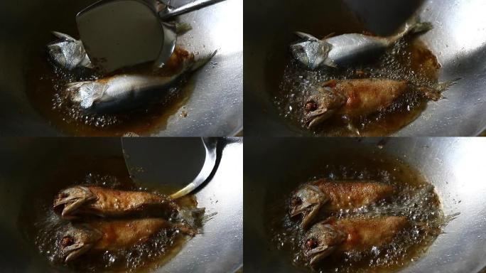 用平底锅煎的新鲜鲭鱼。